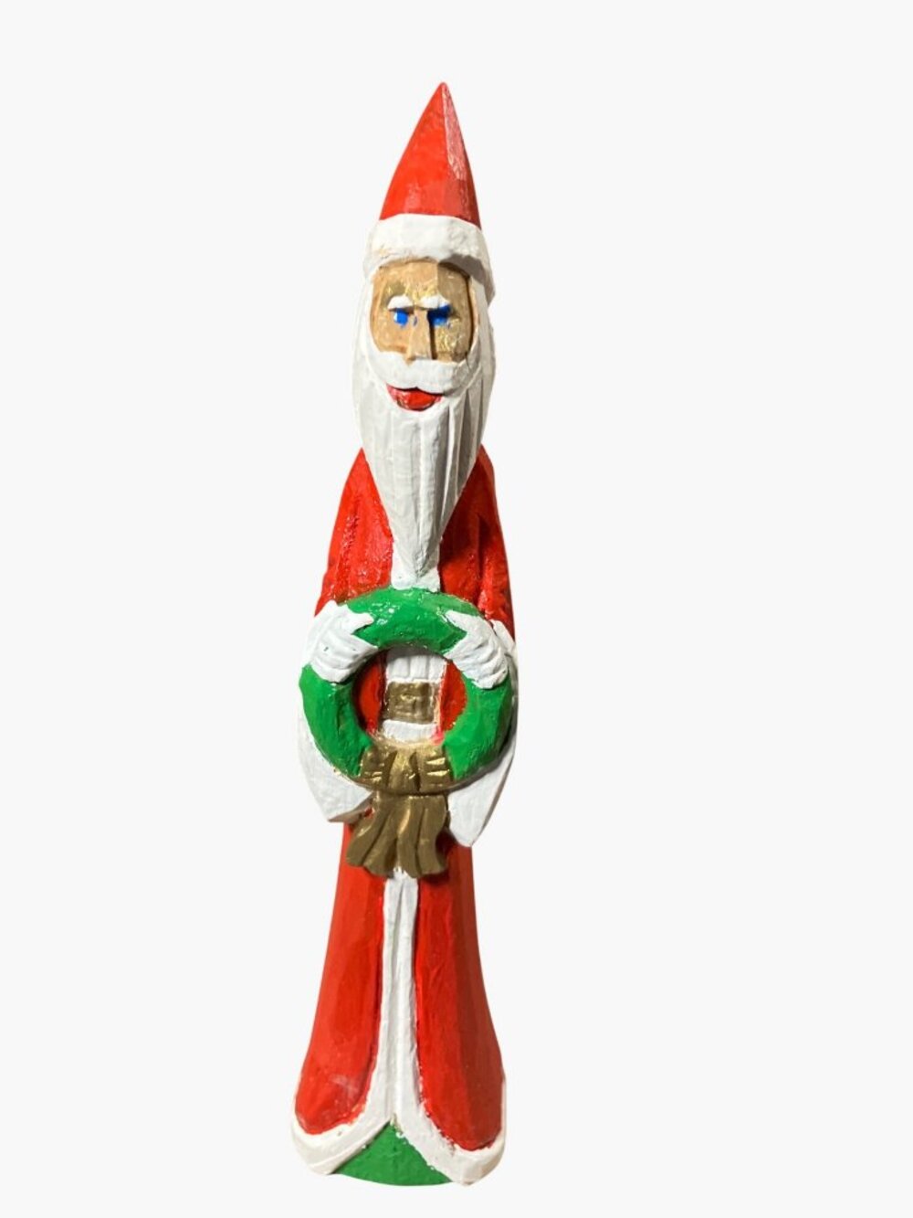 Hand-Carved Wooden Santa Figurine Holding Green Wreath